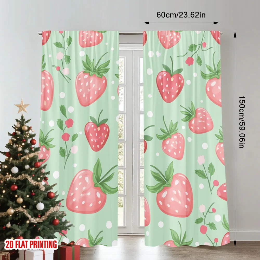 2pcs 2D flat printing Window Curtains Strawberry Cute Kawaii Digital Printed Polyester Drapes Seasonal Party & Holiday Decor Use