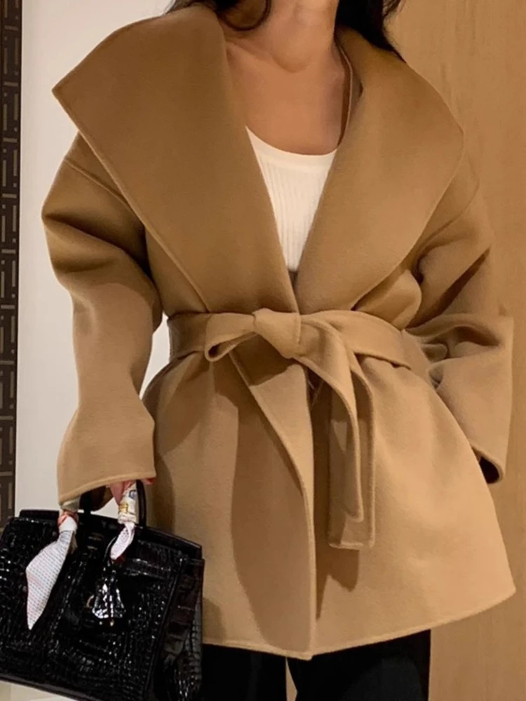 

Elegant Vinatge Big Lapel Neck Coat Women Autumn Winter New Lace Up Slim Waist Woolen Jackets Y2k Long Sleeve Loose Tops Mujer