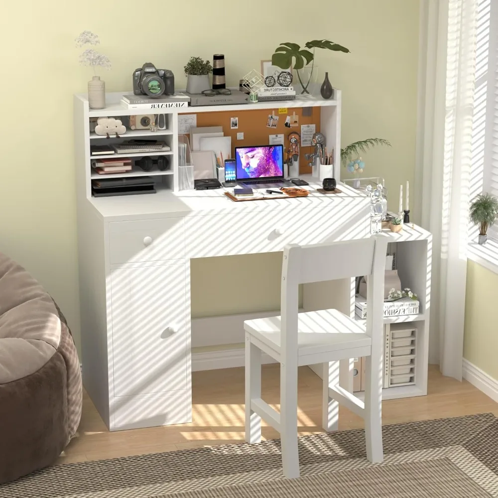 Kids Study Desk with Bulletin Board, Drawers and Cabinets, Study Desk