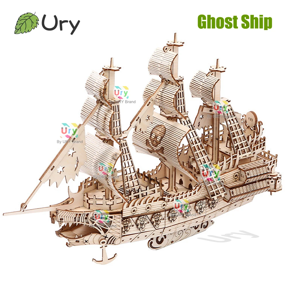 Ury DIY 3D Wooden Puzzle Retro Style Halloween Ghost Pirate Ship Model Toys Handmade Set Home Decoration Christmas Gift