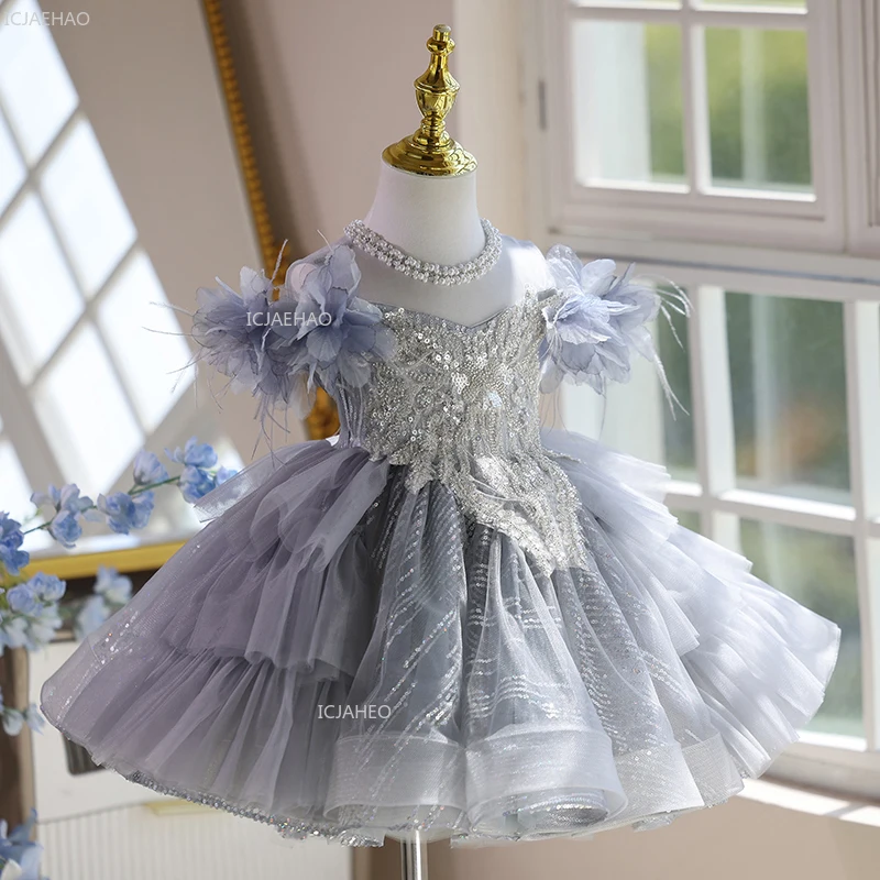 Girls Gray Princess Ball Gown Birthday Party Dress Kids Formal Evening Dresses Clothes Piano Performance Host Children Pageant