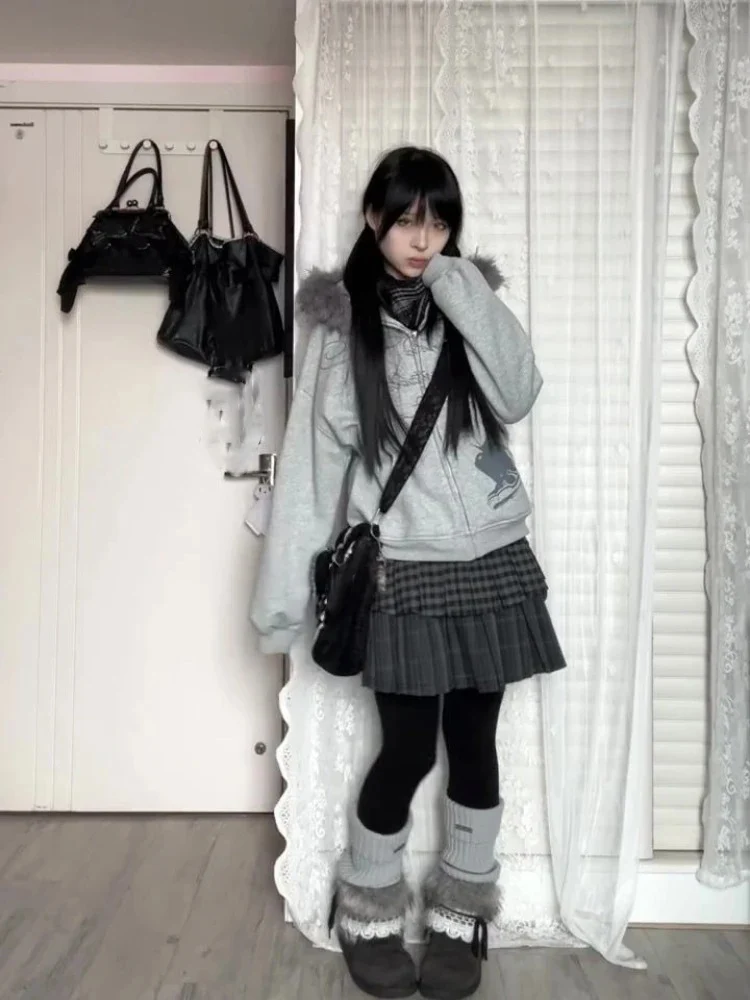 المرأة اليابانية الكرتون طباعة بلوزات Harajuku خمر الفراء المرقعة مقنعين هودي Y2k الجمالية عادية الجرونج جيب هوديس #4