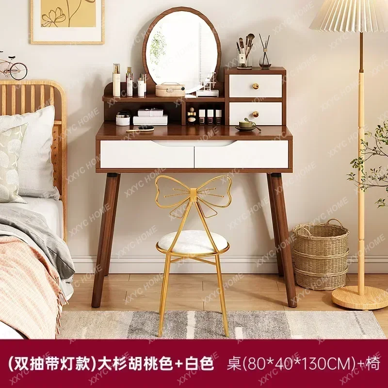 

L Vanity Desk Makeup Table Dressing Table With 2 Drawer Chest, Makeup Dressing Table Stool Wooden Vanity Set Round Mirror Drawe