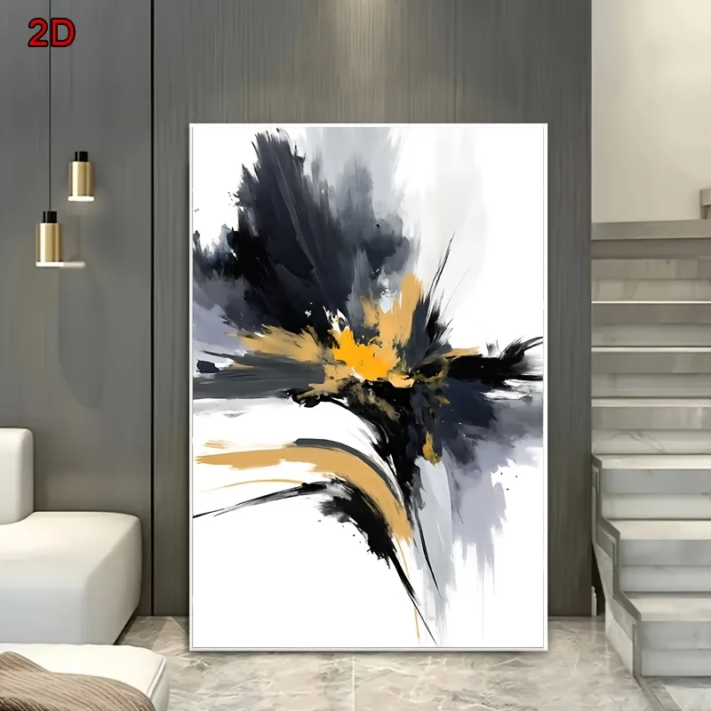 2D شقة، 1PC مجردة الذهبي الأسود الرمادي سبلاش الفن الطباعة - فرملس الحديثة الحد الأدنى قماش جدار الفن، 2D شقة خمر نمط #1