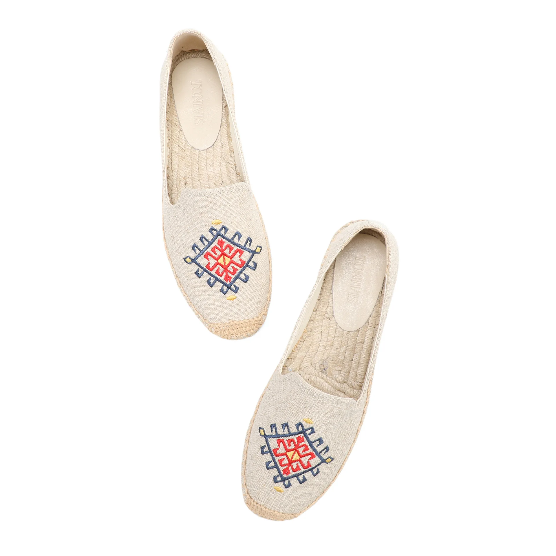 

Women Embroidered Espadrilles Flats – Linen Slip-On Summer Shoes, Geometric Pattern Casual Shoes, Lightweight Breathable