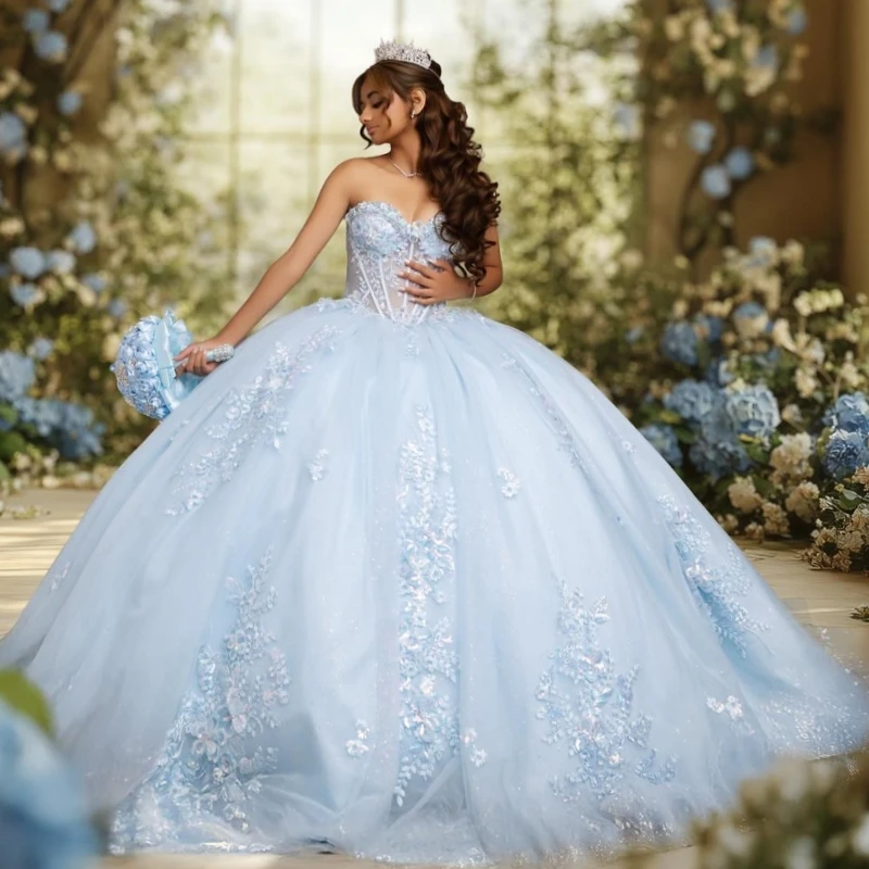 

Sky Blue Shiny Quinceanera Dresses Ball Gown Off The Shoulder Applique Lace Beading Crystal Bow Corset Tull Party Birthday Sweet