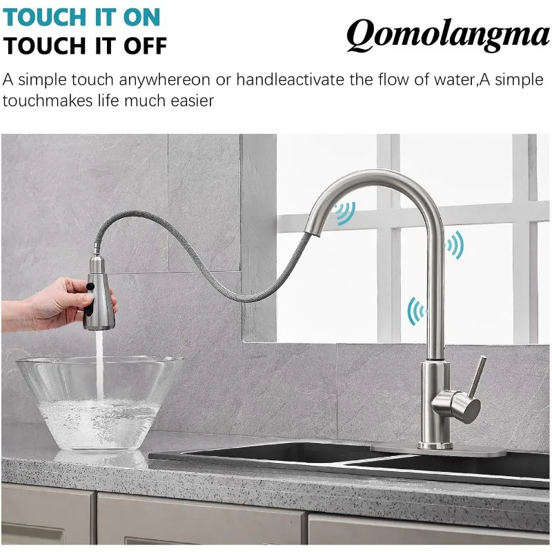 Nickel Touch Sensor Kitchen Faucet with Pull Down Sprayer, Single Handle High Arc Touch Activated Pull Out Kitchen