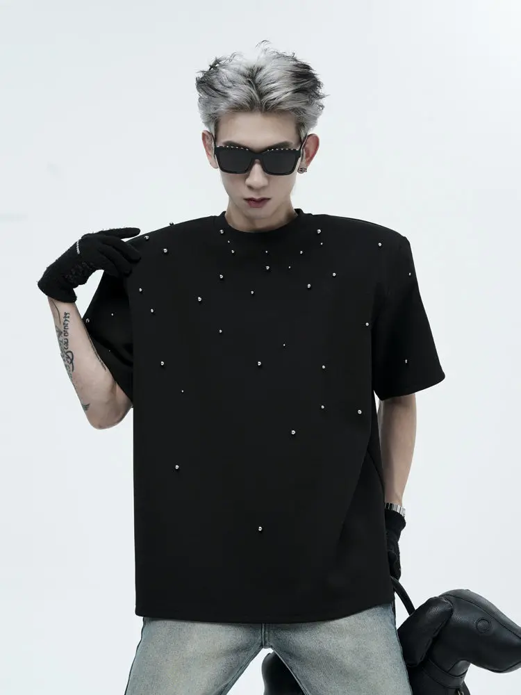 Heavyweight Men's T-Shirt Shoulder Pads American Retro High Street Handmade Metal Bead Design Black Short Sleeve Casual Wear