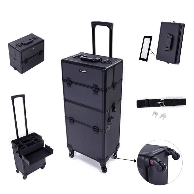 

2 in 1 Rolling Makeup Train Case Professional Cosmetic trolley on Wheels Aluminum Nail Cart Cosmetic Suitcase for professional