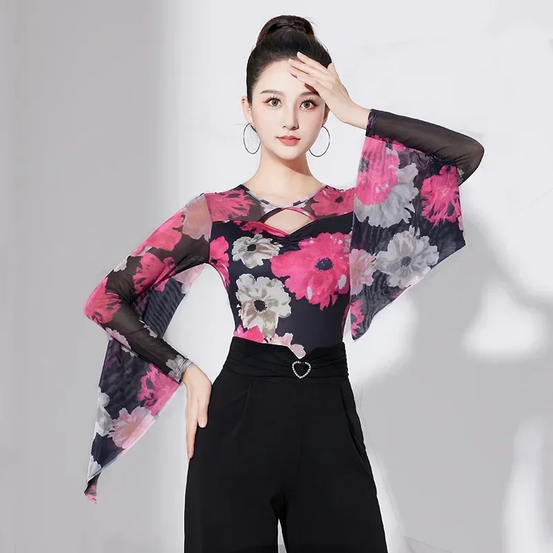 Modern Dance Costume Female Adult 2023 New Latin National Standard Waltz Printed Long Sleeves Tops for Women