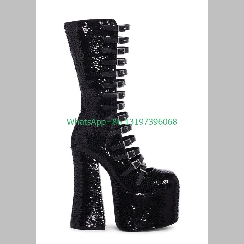 

Lady platform black cut-out sequins calf boots hollow chunky heel design Mary Janes boots punk sexy muti-buckle strap boots size