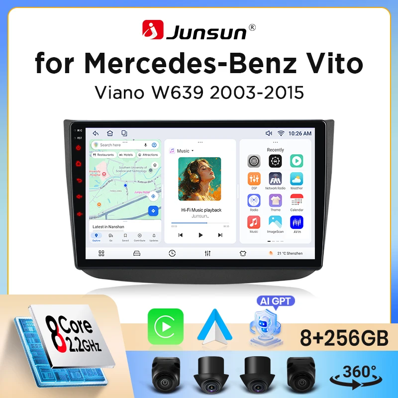 Junsun Wireless CarPlay Android Auto Autoradio für Mercedes-Benz Vito / Viano (W639) 2003-2014 mit eingebautem Lüfter, Android GPS Navigation, Multimedia-Player, WiFi, DSP, RDS, BT, SWC, IPS