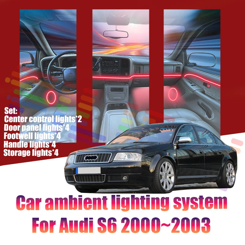 Luces LED Ambientales para Audi S6 2000~2003 MK2, Luces de Atmósfera Coloridas, Tira de Neón Interior para Auto, Iluminación RGB de 64 Colores, Accesorios para Auto