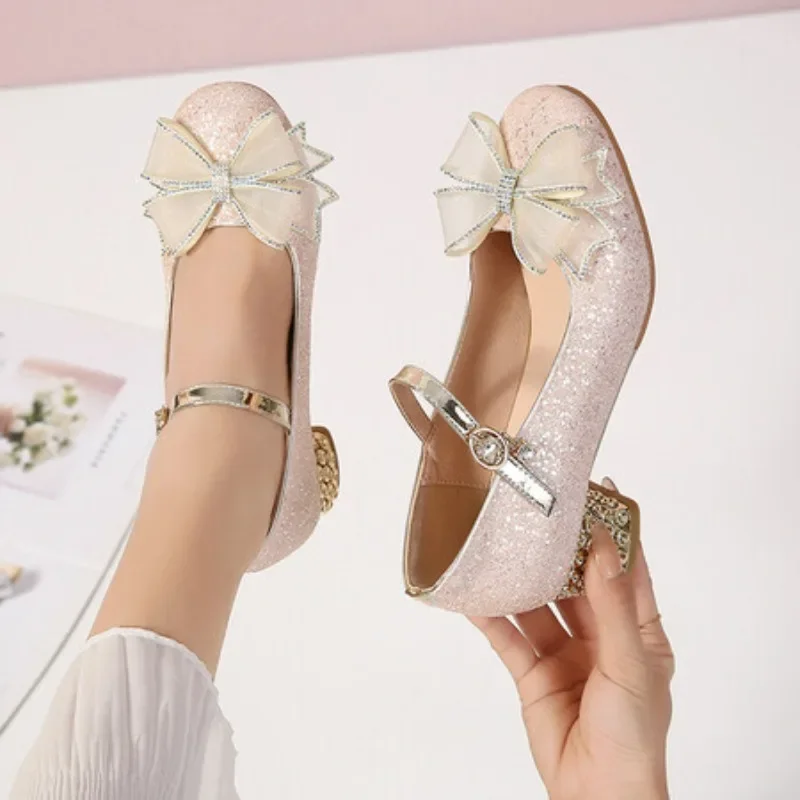 Neue Pailletten rosa Lolita Schuhe Prinzessin Schuhe Student niedlichen Mädchen klobigen Absatz Kristall Bogen Schuhe Silber Gold