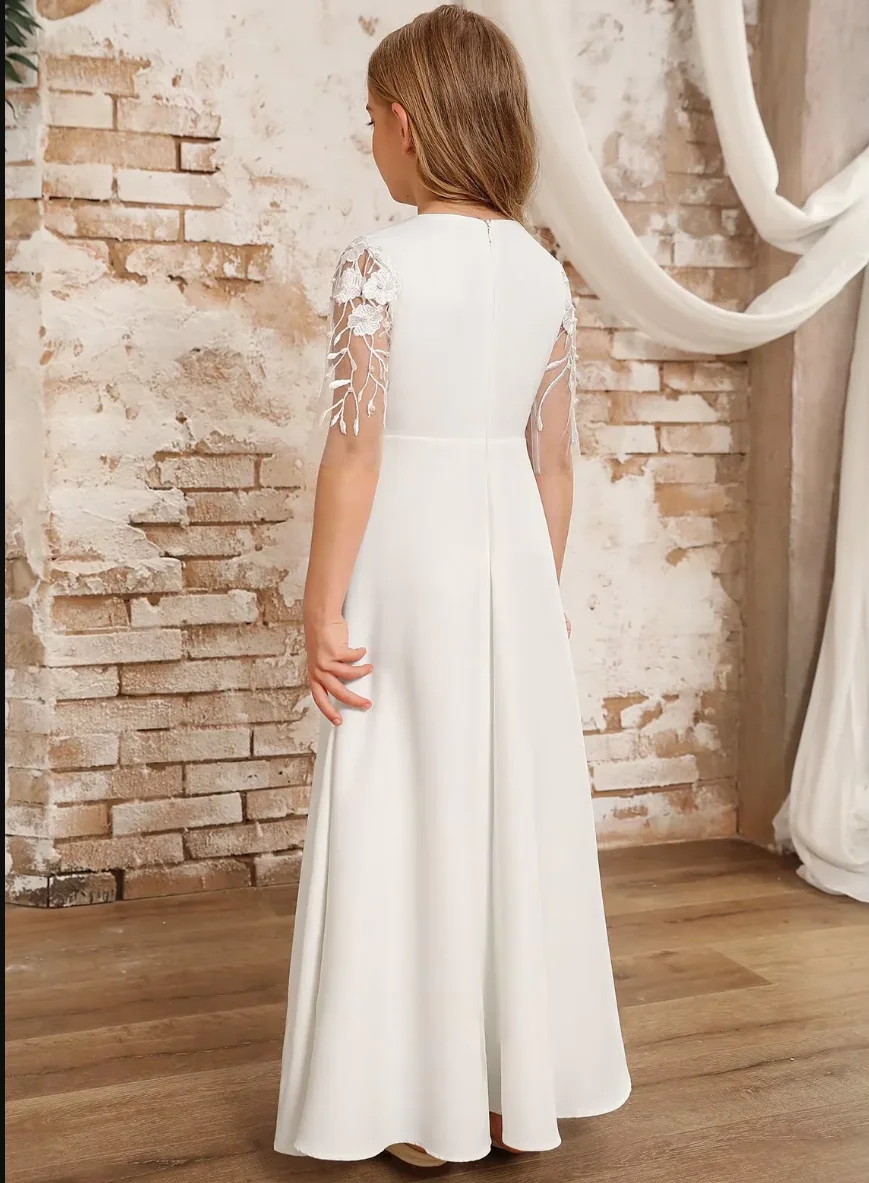 2025 Blumenmädchenkleid in A-Linie mit weißen Flecken, bodenlang, 4-Wege-Stretch-Hochzeitskleid für Mädchen nach Maß
