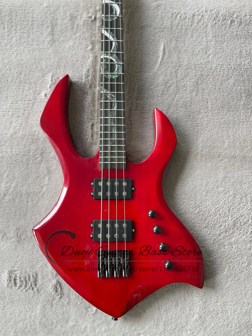 4 strings Snake bass guitar, fixed bridge,solid wood body rosewood fingerboard colored snake inlay, HH pickups,black tuners