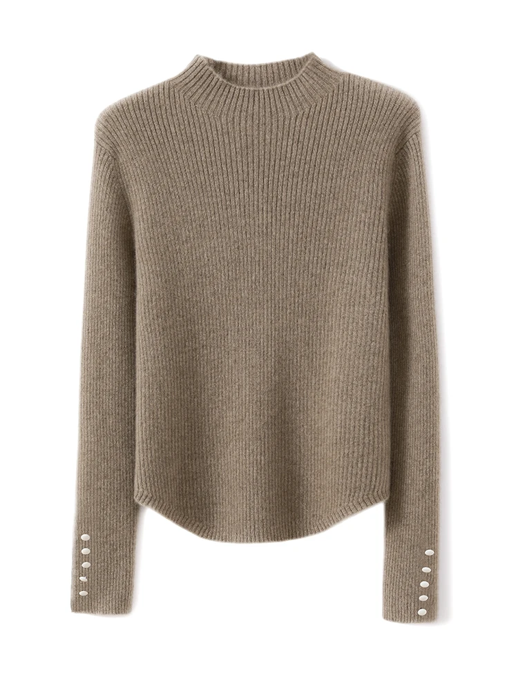 

Chic O-Neck Striped sweater Basic Soft Warm Women's Pullovers Sleeve Button 100% Merino Wool Casual Loose Tops