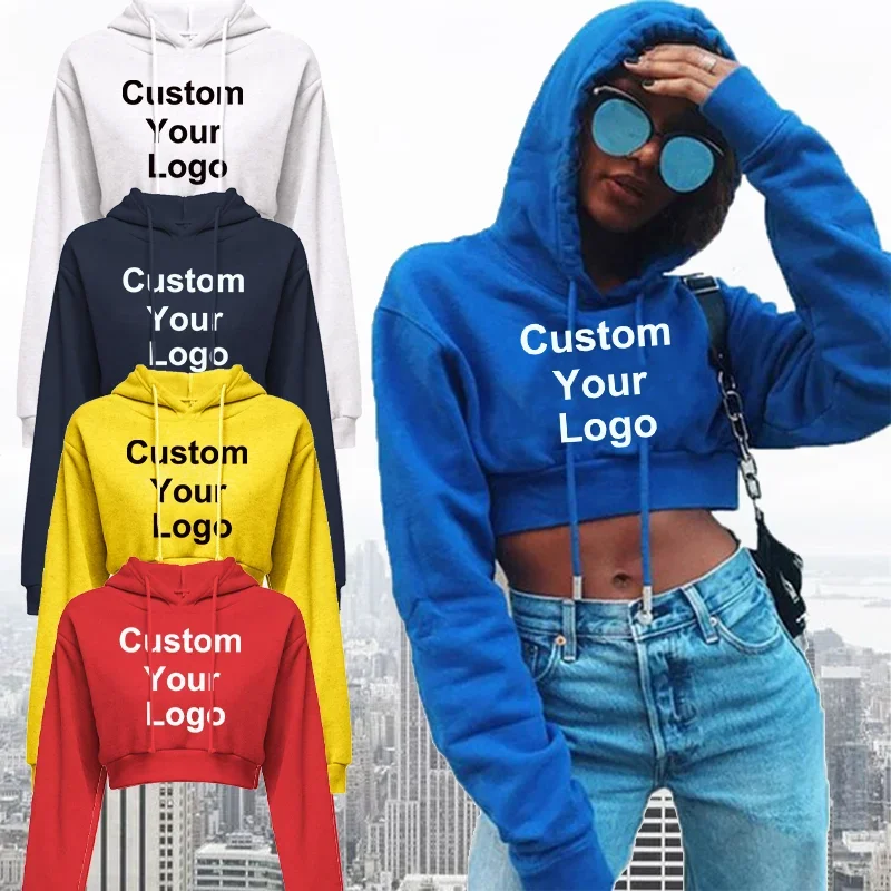 

Custom Your Logo Women's Casual Long Sleeve Hooded Sweatshirt Plain Crop Tops Pullover Ladies Y2k Short Cropped Hoodie