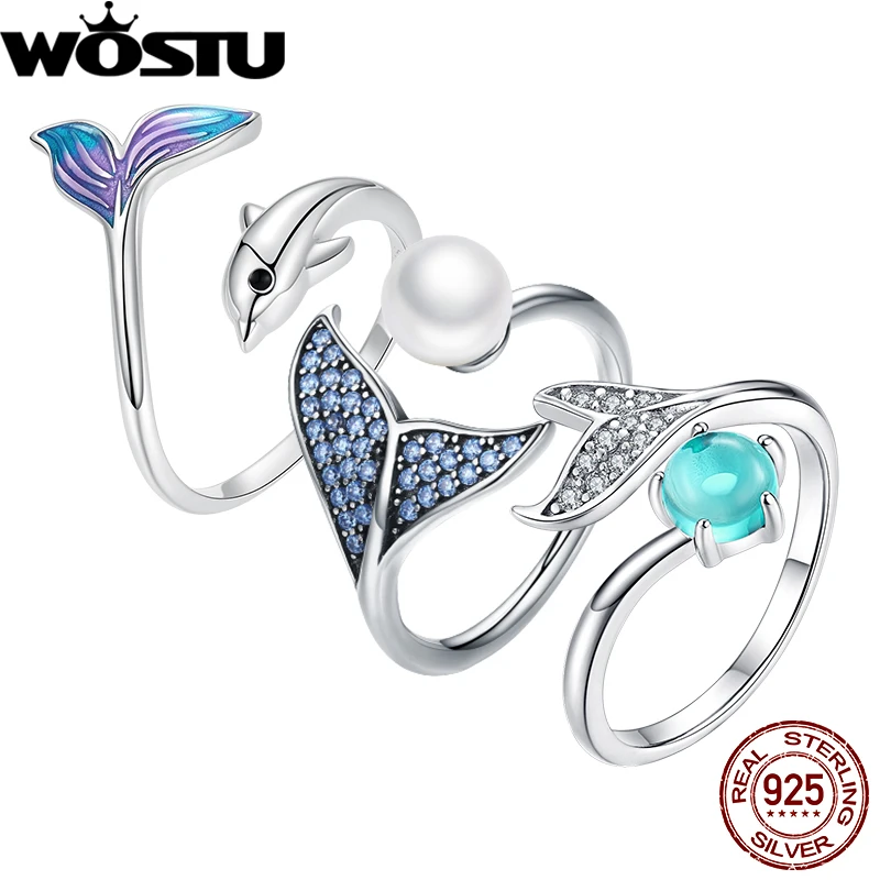 WOSTU 925 Sterling Silver Mermaid Tail Open Adjustable Rings Women Ocean Blue CZ Natural Pearl Wedding Party Cocktail Ring Gift