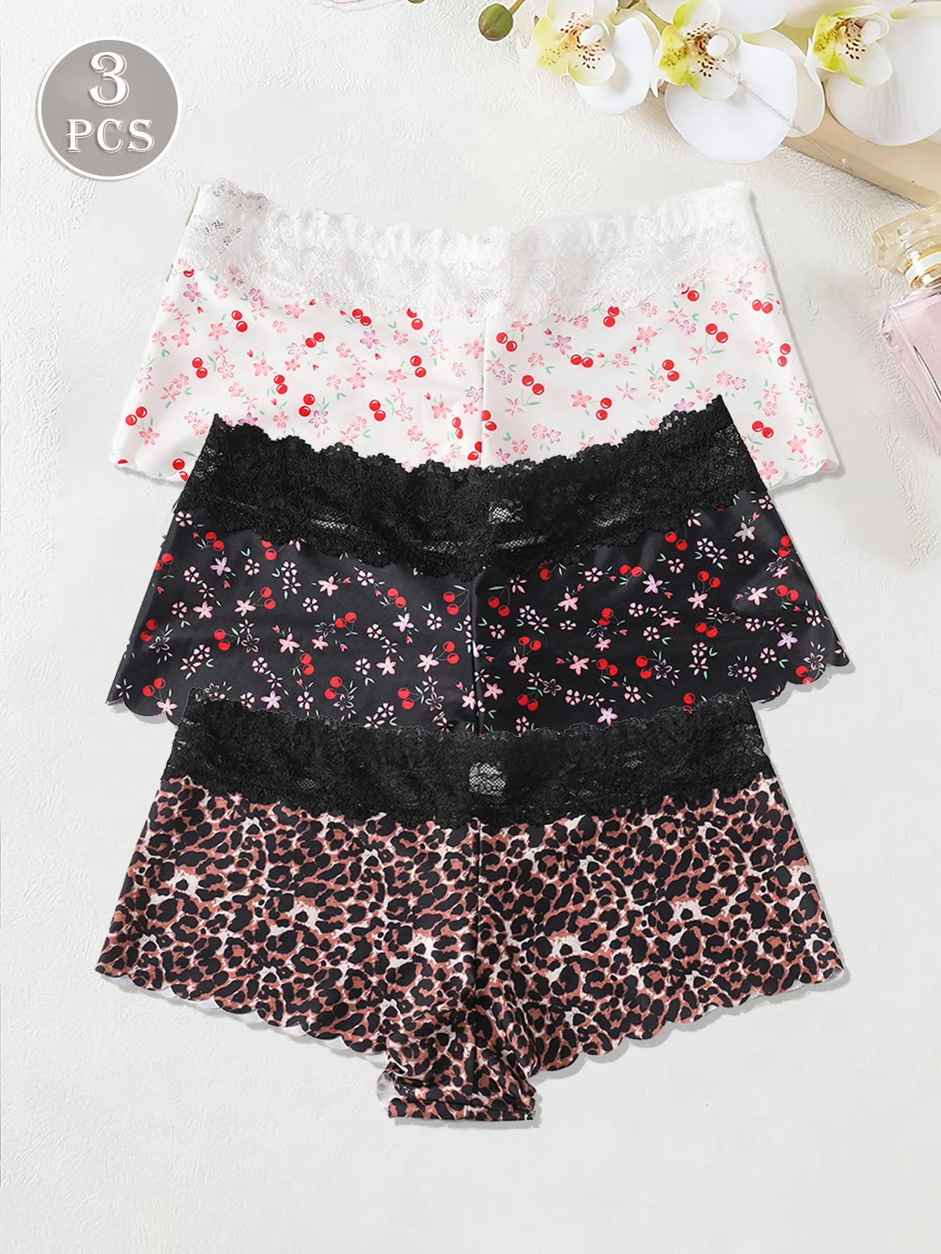 3PCS Sexy Lace Stitching Flower Cherry Print Women's Boxers Holiday Party Casual Mid-waist Breathable Comfortable Leggings Safet