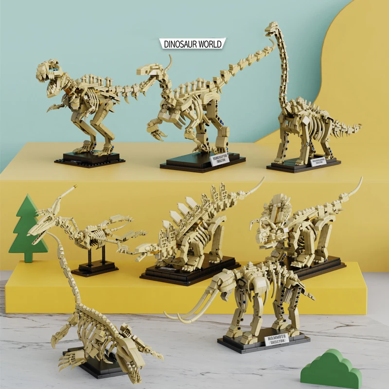 Educational Dinosaur Fossil Skeleton Building Blocks - Realistic Tyrannosaurus rex, Triceratops, Pterosaur and Stegosaurus Model