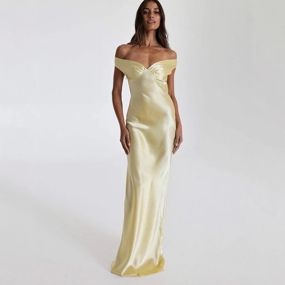 

Women’s Sexy Off Shoulder Satin Maxi Dress Solid Sleeveless Party Prom Gown Slim Formal Outfit Luxurious Evening Wedding Dresses