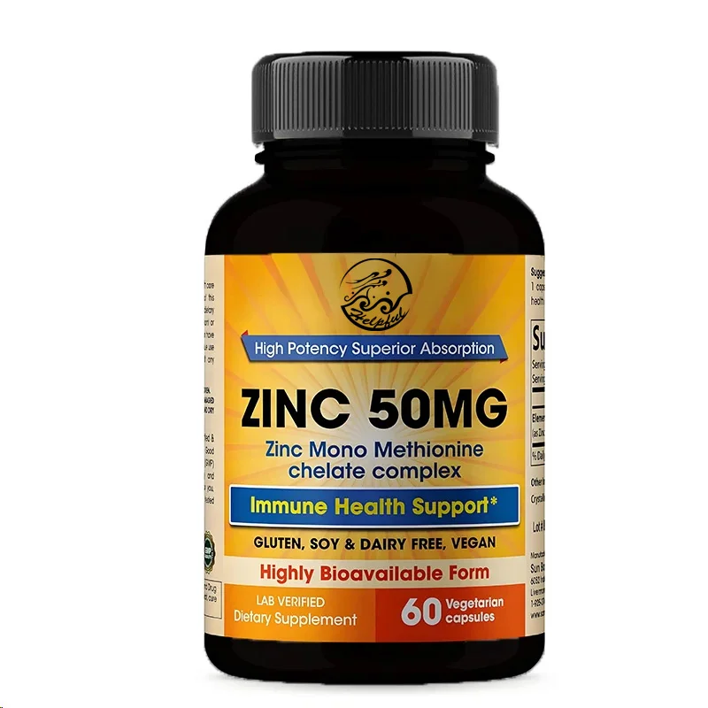 Zinc supplement 50mg, 60 capsules, vegetarian capsules highly absorbed for healthy skin, immune system, and antioxidant support