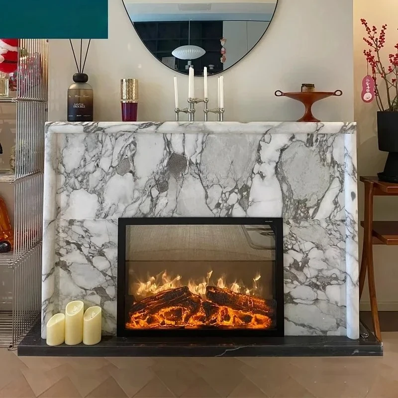

D80 Large white stone fireplace American living room decorative cabinet natural marble fireplace stone carving customization
