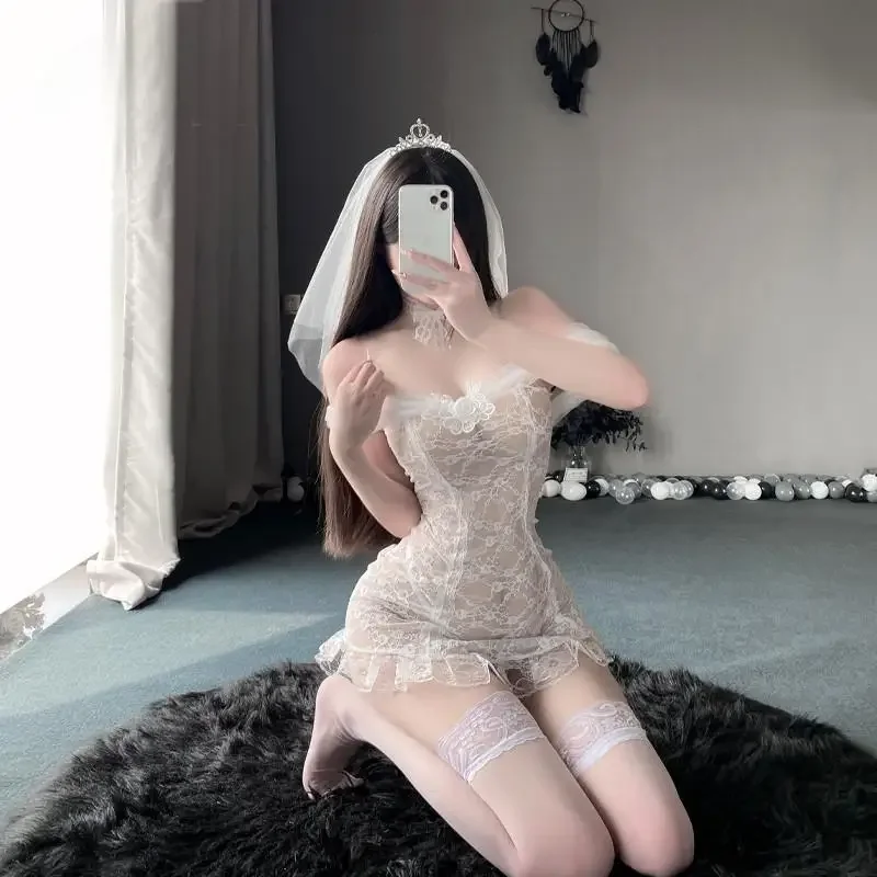 Robe de Mariée en Dentelle Transparente pour Femme, Lingerie Sexy, Cosplay, Uniforme de ixSexuelle, Costume de Couple, Tenue de Jeu