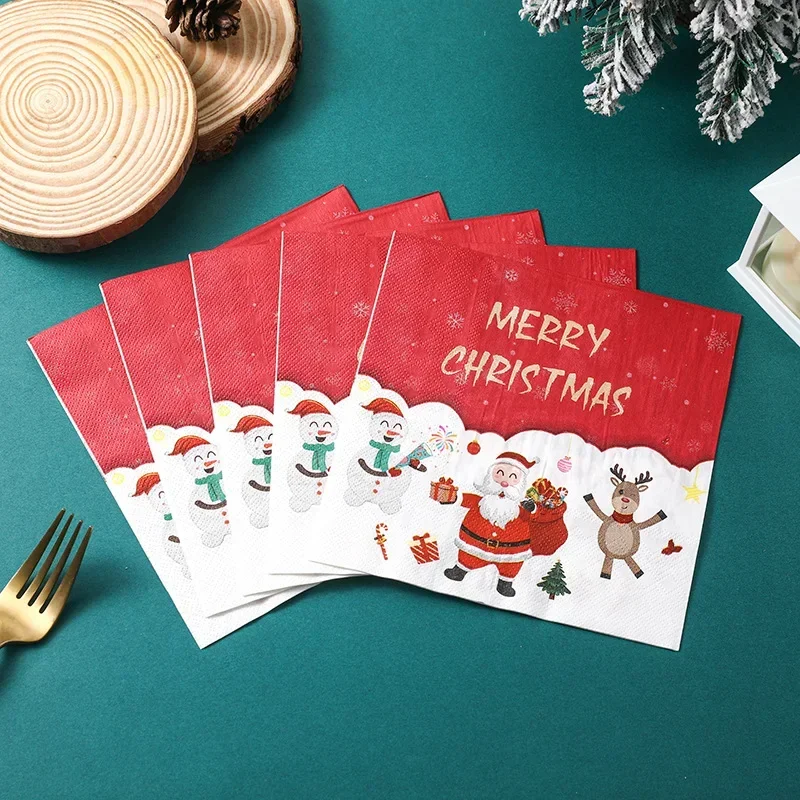 20pcs 33cm 2Layer Cartoon Christmas Elements Napkins Party Atmosphere Red and White Tissue DIY Decoupage Paper