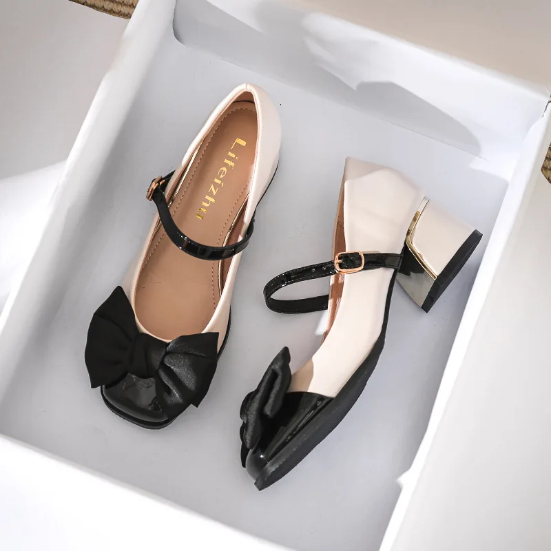 

Large Size Mary Jane Shoes 2023 New Style Chunky Heel Slip-On Women's Spring Autumn Knot Fashion Single Shoes