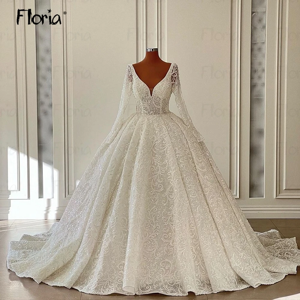 Muslim Long Sleeve Scoop Neck Luxury Wedding Dress 2024 Women Ball Gown Princess Bridal Dresses Dubai Vestido De Casamento