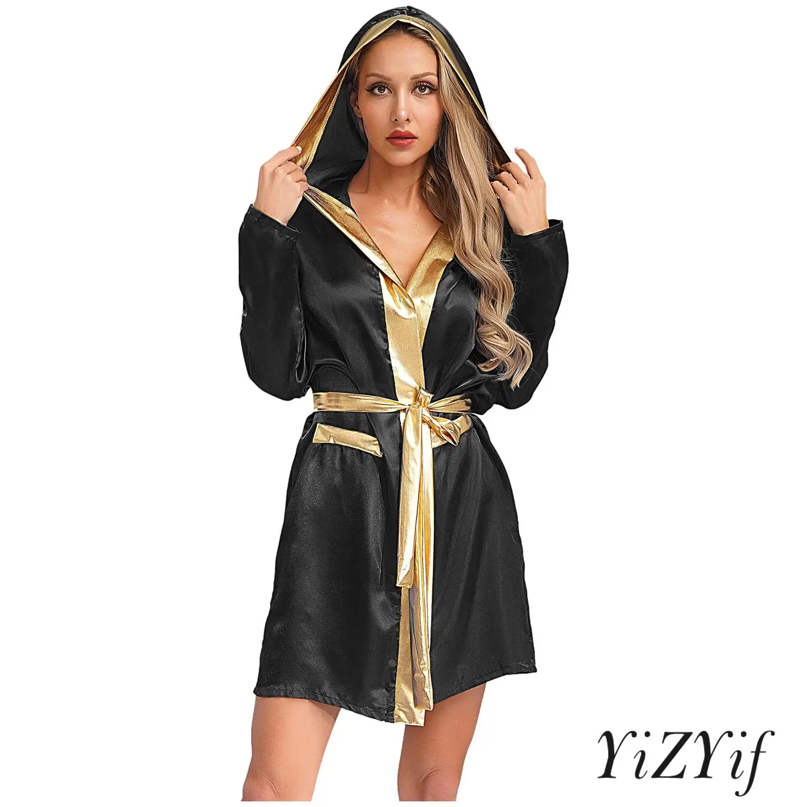

Womens Boxing Robe Halloween Cosplay Costume Long Sleeve Open Front Metallic Trim Satin Hooded Cloak with Belt