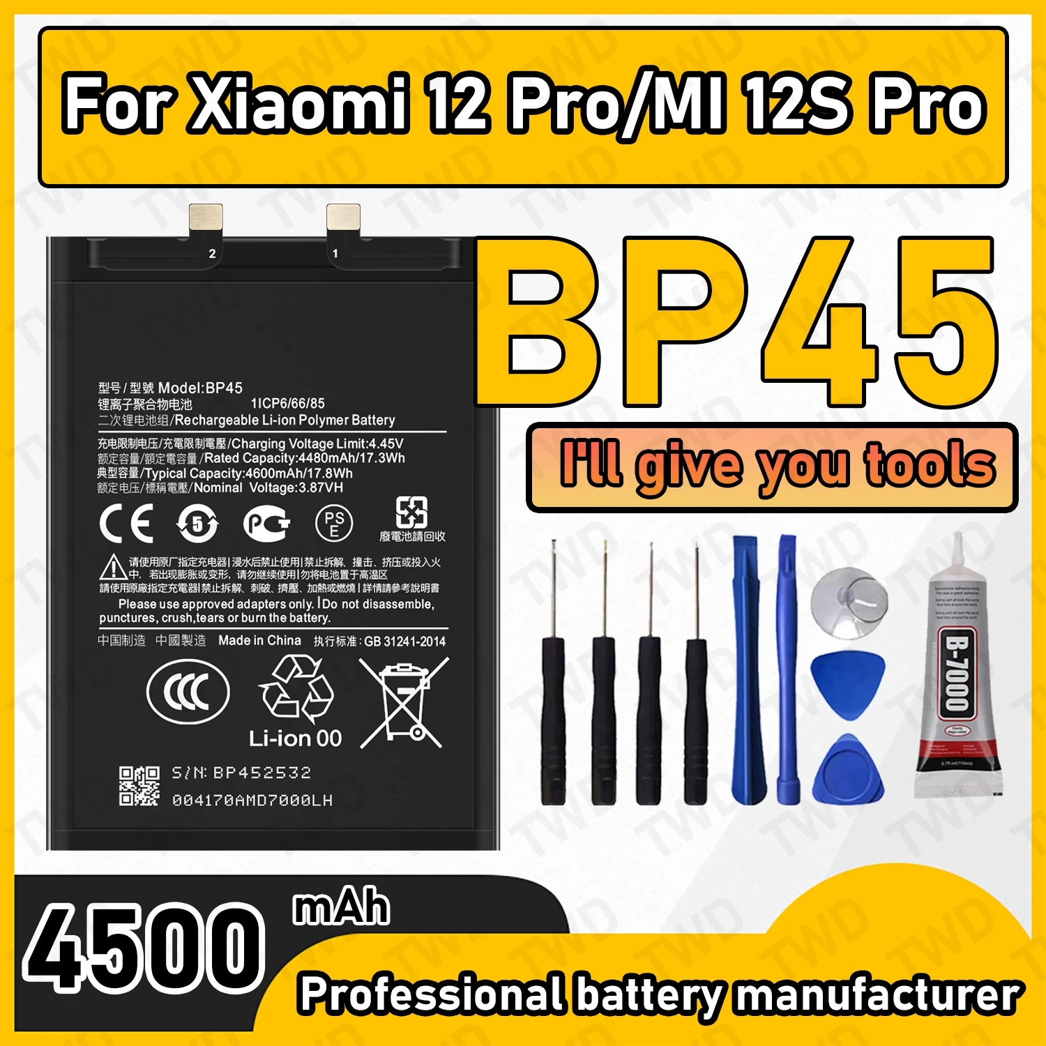 

BP45 Large capacity 4500mAh Battery For Xiaomi 12 Pro/MI 12S Pro Batteries New High Quanlity+Free Tools
