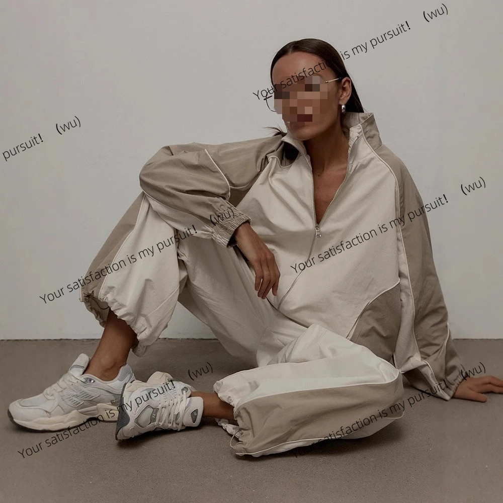 

New casual women's clothing fashion contrasting color sports jacket trousers set Europe and America