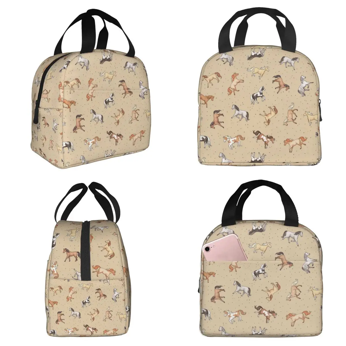 Bolsa térmica para el almuerzo con diseño de caballos dispersos en tono taupe para niños, lonchera escolar, caja térmica para alimentos, contenedor para el almuerzo