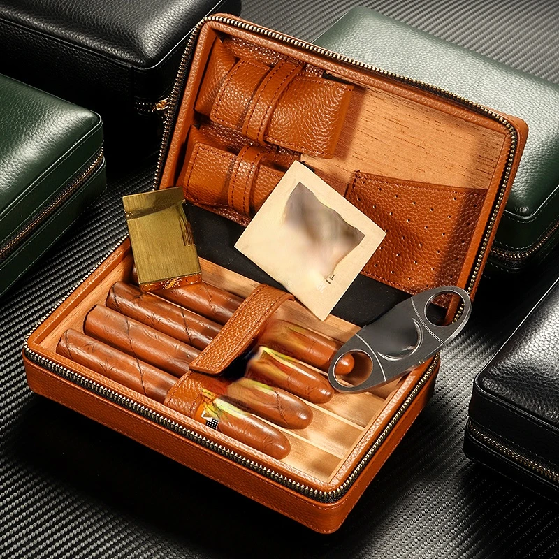 

Cigar Box Genuine Leather Spanish Cedar Wooden Cigar Case Humidor Luxury Storage Accessories for Travel