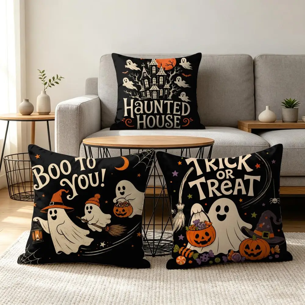Trick Or Treat Doodle Cushion Cover Soft Short Plush Pillow Cover Smooth Cozy Texture Aesthetic Cushion Case Home Decor