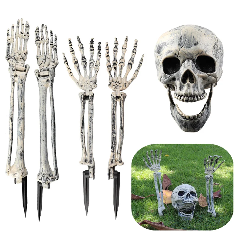 Lebensgroßes Skelett-Dekor – realistischer Totenkopf mit menschlichen Armen für Halloween, Spukhaus-Requisiten, gruselige Hof- und Gartendisplays