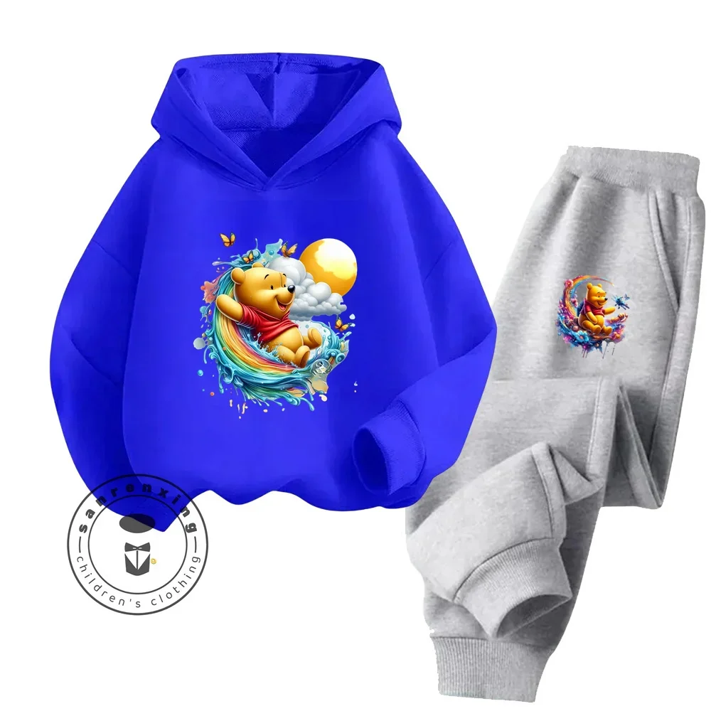 Winnie the Pooh Cartoon Long Sleeve Hoodie Pant Set Pure Cotton Fun Bear Cartoon Characters Children\'s Fall Winter Hoodie Set