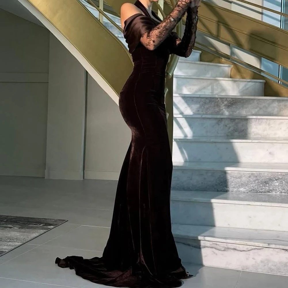 فساتين سهرة حورية البحر مخصصة بطول الأرض وياقة مربعة وأكمام طويلة فستان حفلات أنيق من الدانتيل بدون ظهر