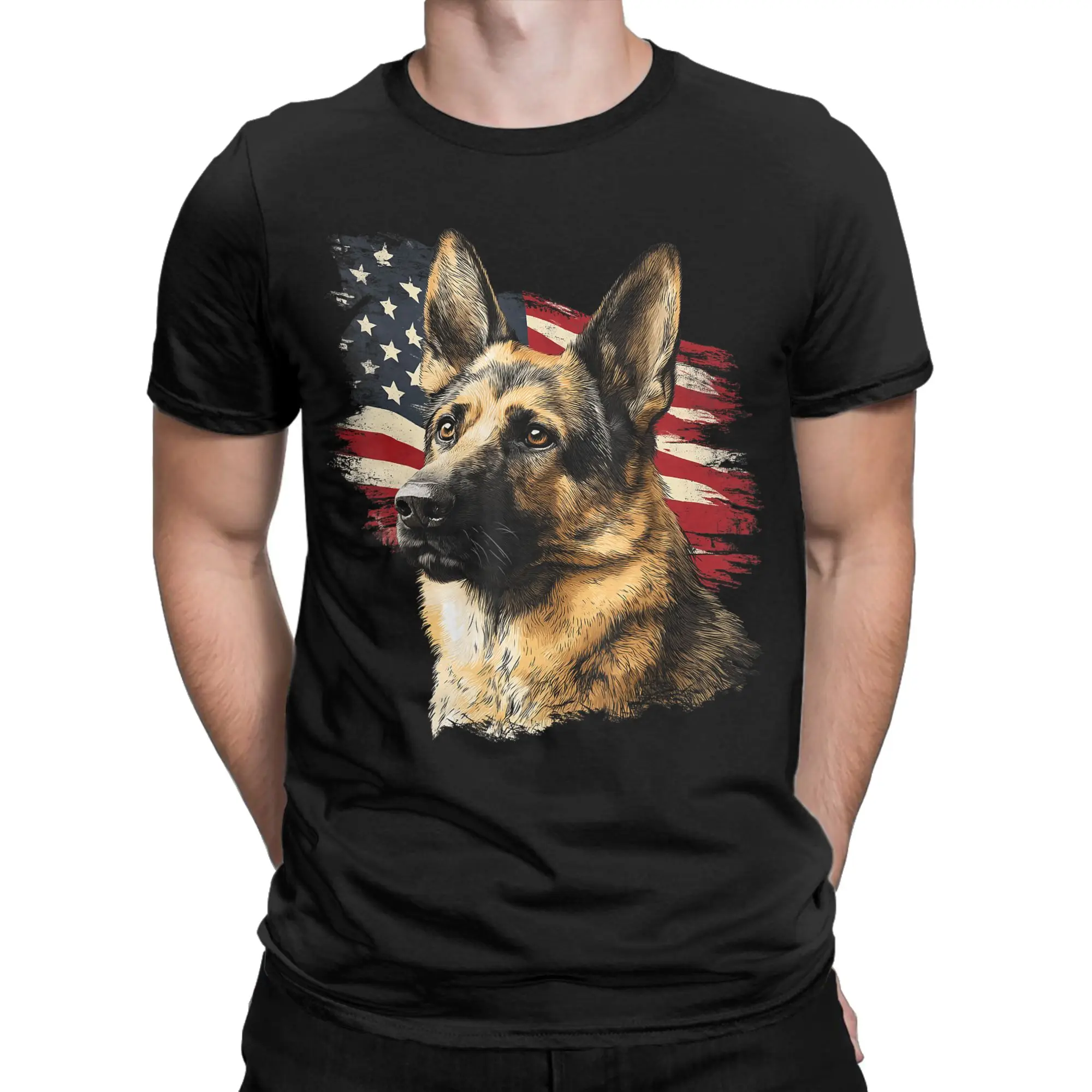German Shepherd Dog Men Women T Shirt USA American Flag Hipster Tees Short Sleeve O Neck T-Shirts Cotton Adult Tops