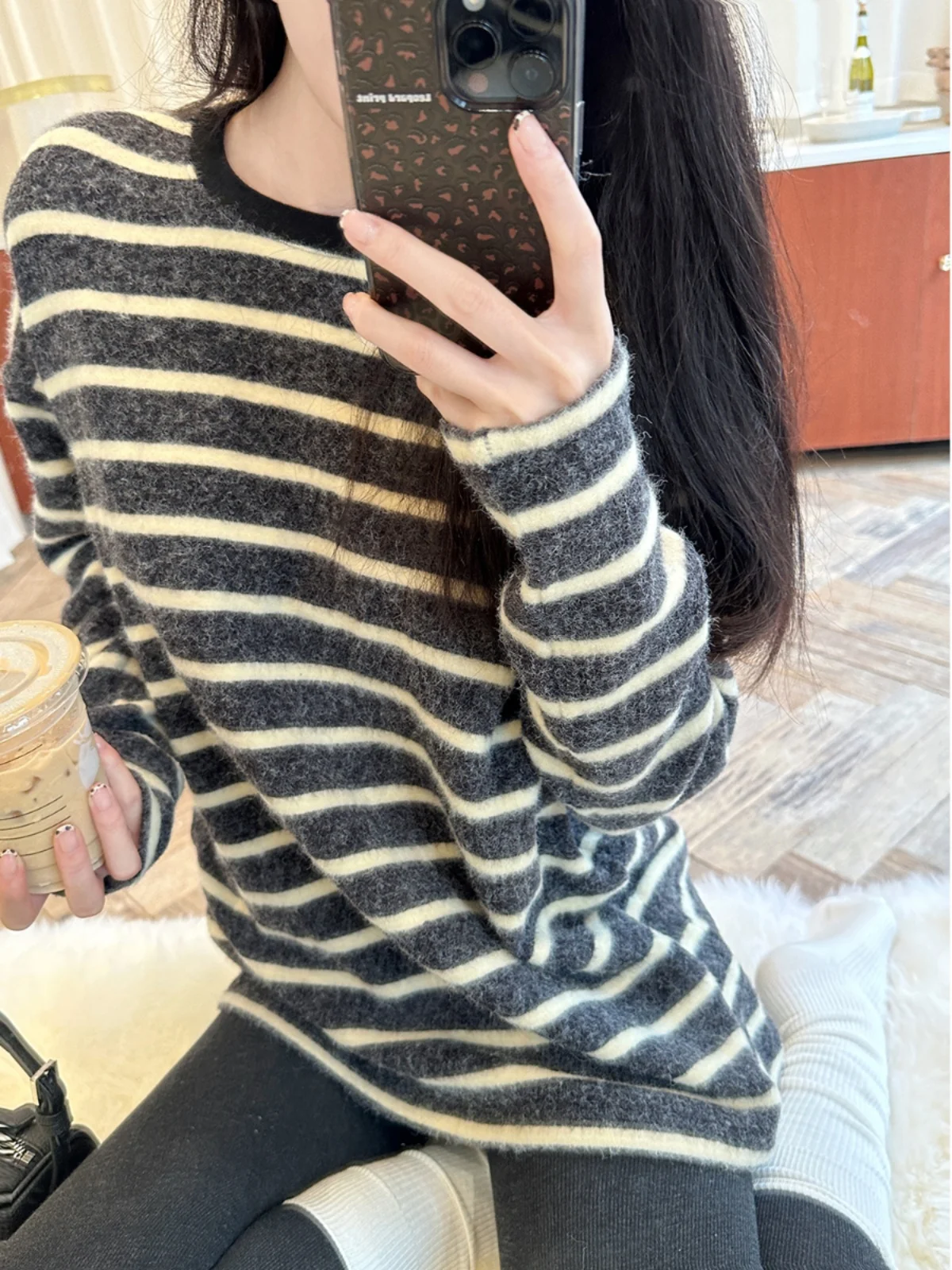 

Thiened Long Sve полосатая футболка женская Fce свободного кроя Oreo Sle Salted Australia бархатный повседневный круглый топ Ne