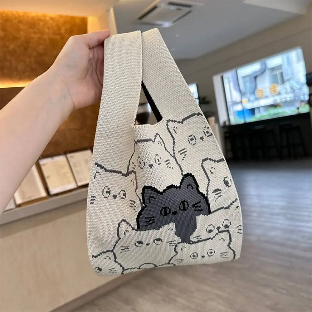 Cat Knit Handbag Casual Handmade Knit Shopping Bags High-capacity Knot Wrist Bag Girls