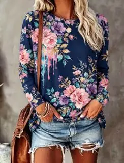 Camiseta de manga larga con cuello redondo y estampado floral para mujer, color azul marino.
