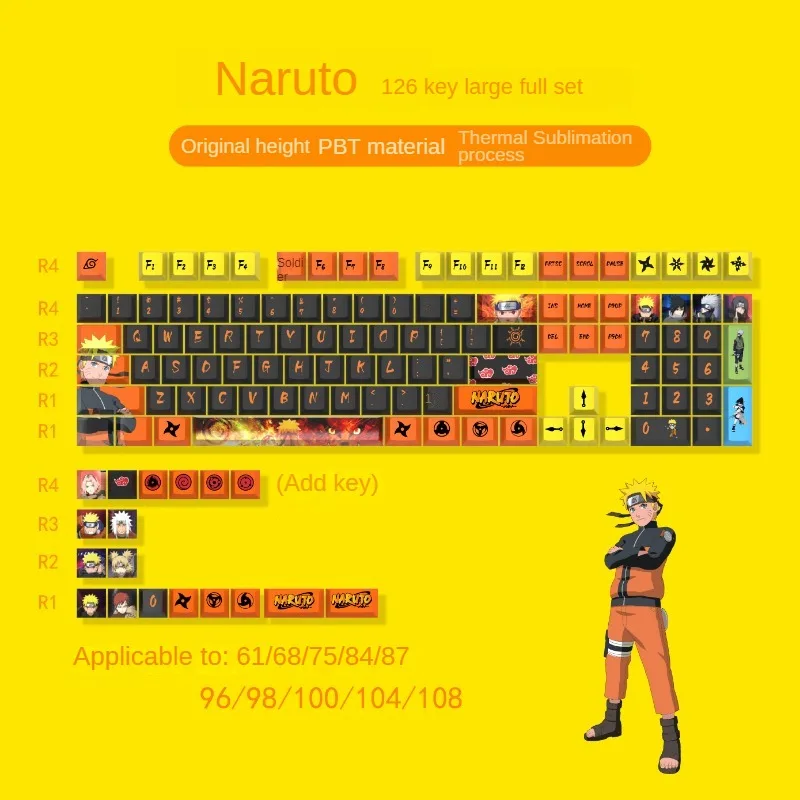 Anime Naruto Keycaps 126Pcs Keyboard Caps PBT for 61/68/84/87/89/96/98/100/104/108 Keys Keyboard Decorative Key Caps Man Gifts