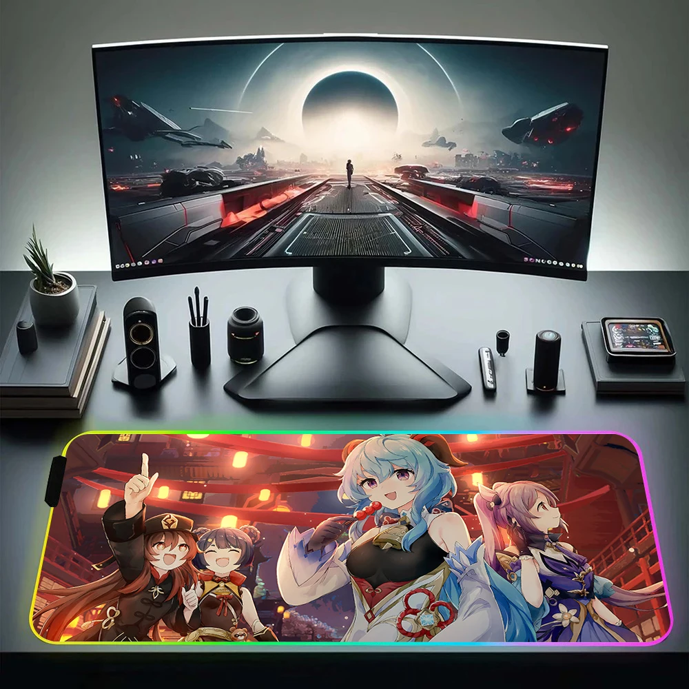 

Large Genshin Impact RGB Pc Gamer Keyboard Mouse Pad Mousepad LED Glowing Mouse Mats Rubber Gaming Computer Mausepad