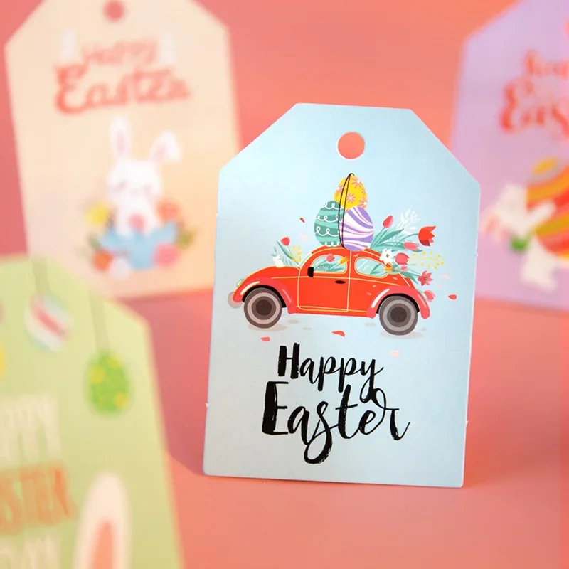 Happy Easter Gift Tags Rabbit Bunny Ear Print Paper Cards Packaging Hang Tag Labels Easter Party Decoration Supplies 48pcs Mix