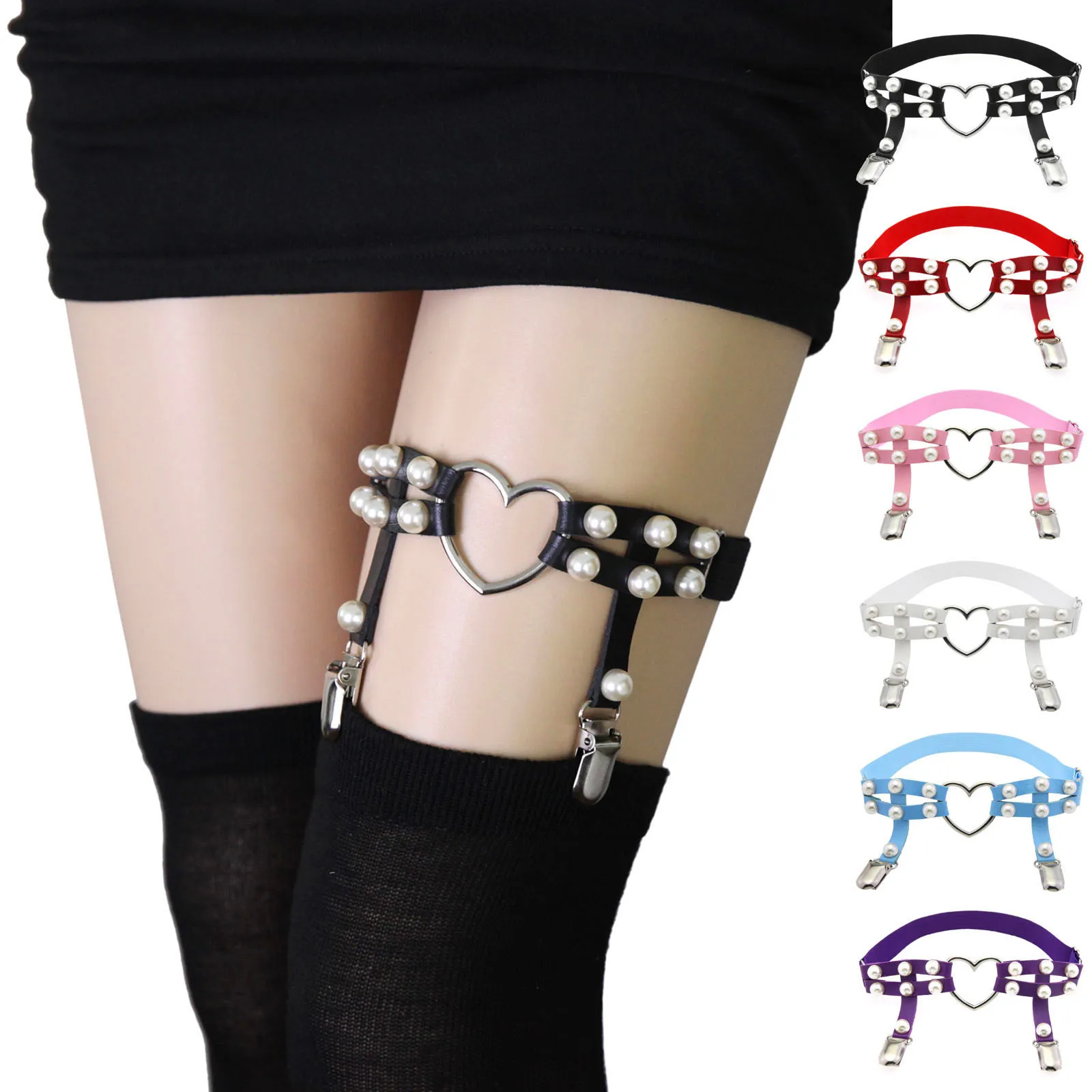 Two Rows Imitation Pearl Punk PU Leather Legchain Women Elastic Leg Chain Hip Hop Heart Leg Ankle Loop Garters Emo Egirl Jewelry