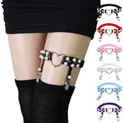 Two Rows Imitation Pearl Punk PU Leather Legchain Women Elastic Leg Chain Hip Hop Heart Leg Ankle Loop Garters Emo Egirl Jewelry
